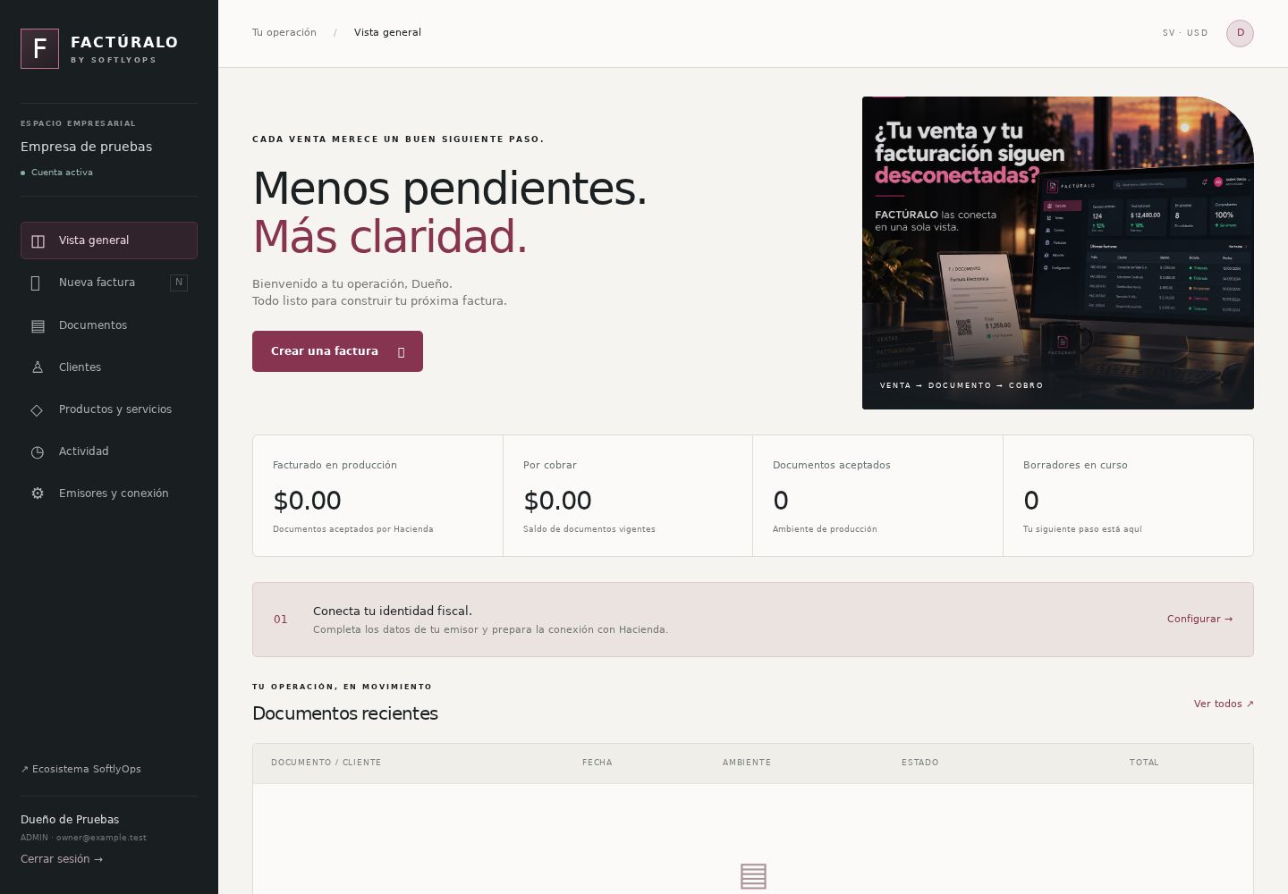 Vista de referencia del espacio de trabajo de FACTÚRALO