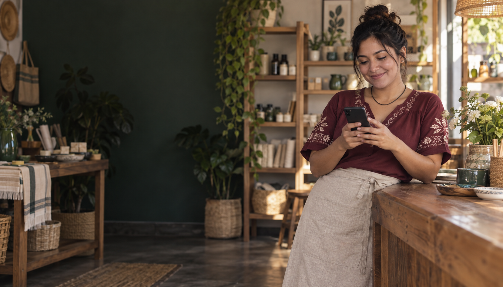 Emprendedora usando su celular para organizar su tienda